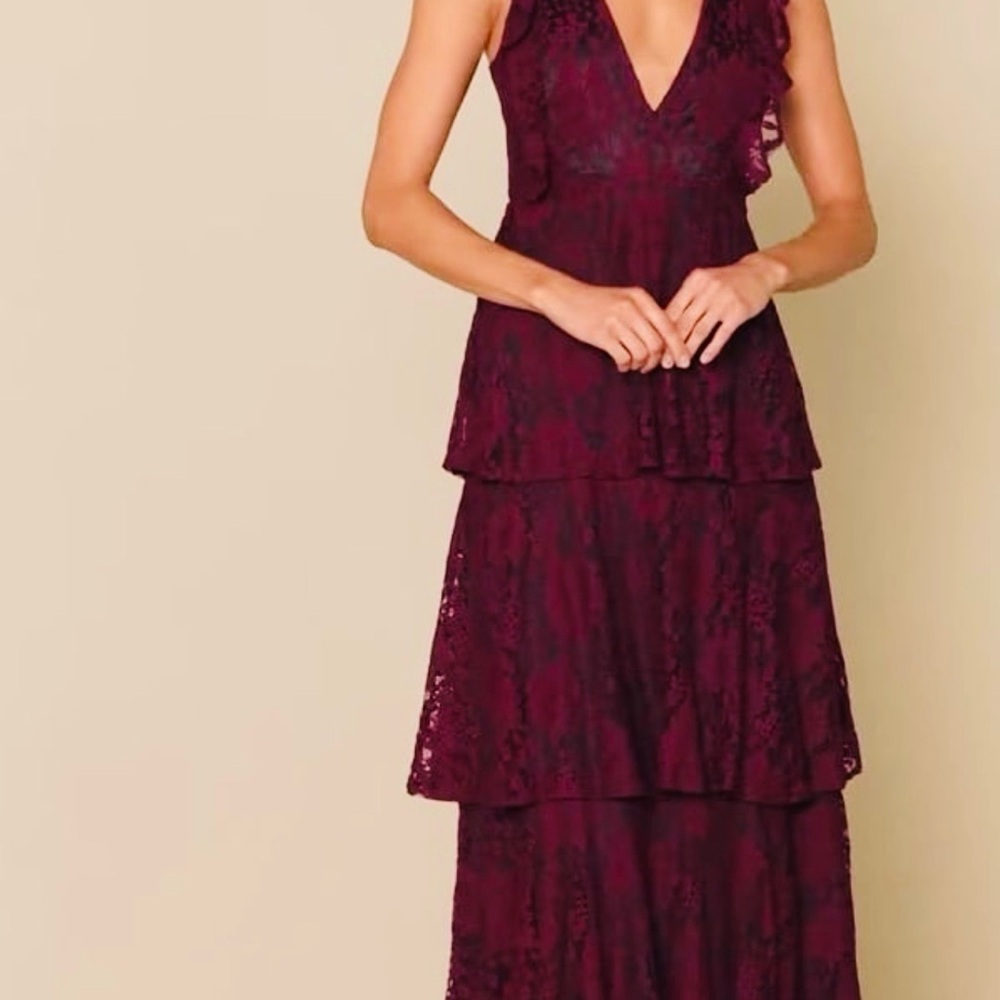 Lulu's Burgundy Lace Tiered V-Neck Maxi Dress